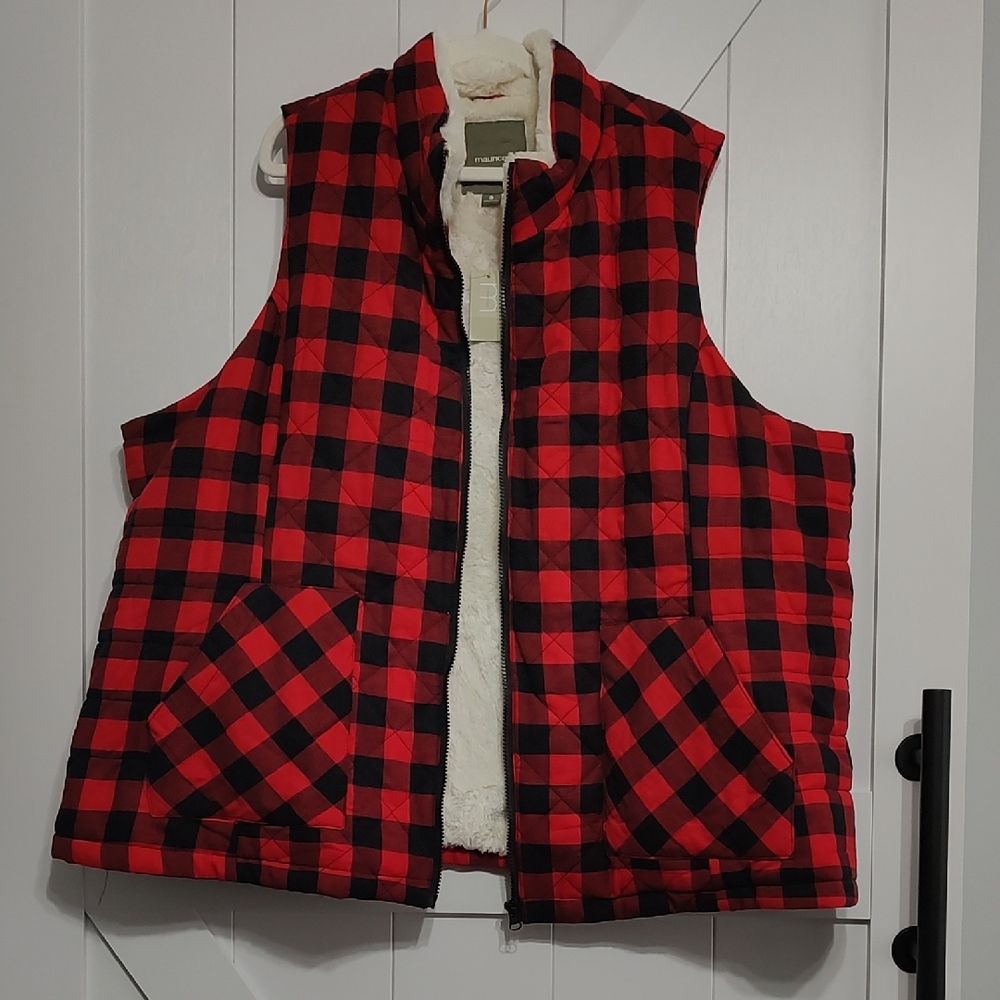Maurices Buffalo Plaid Cream Faux Fur Lined Vest